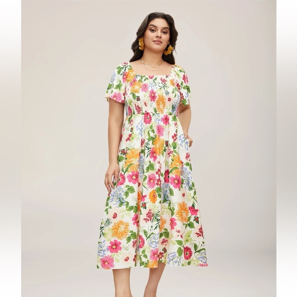 Floral Square-Neck Midi Dress in White with Multi-Color Print - Picture 5 of 7